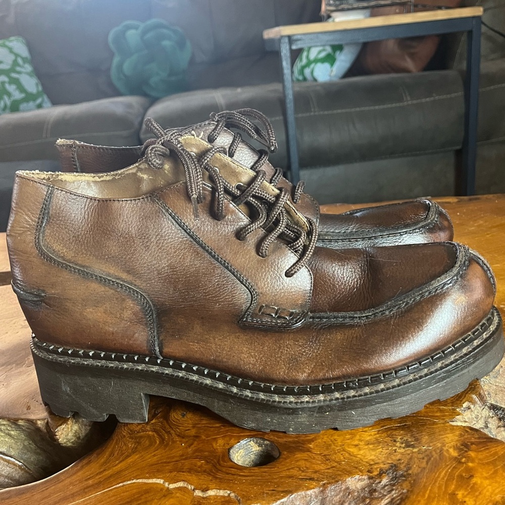 Unlisted by Kenneth Cole Brown Distressed Leather Moc Toe Lug Sole Boots Size 12